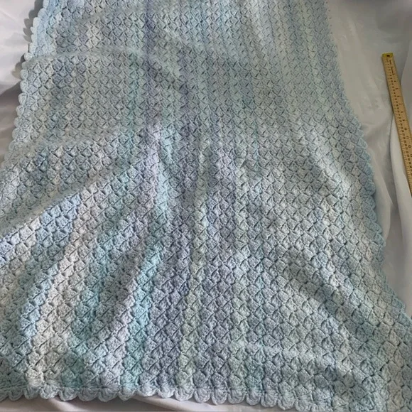 Baby Blanket Crochet Blue Lavender White Soft Blankie 46” x 33” Scalloped Edges - Picture 1 of 9